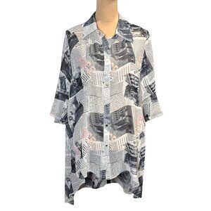 Why Dress Flowy Top Sz.L Newspaper Print Novelty Longline Ruffle 90s Maximalist